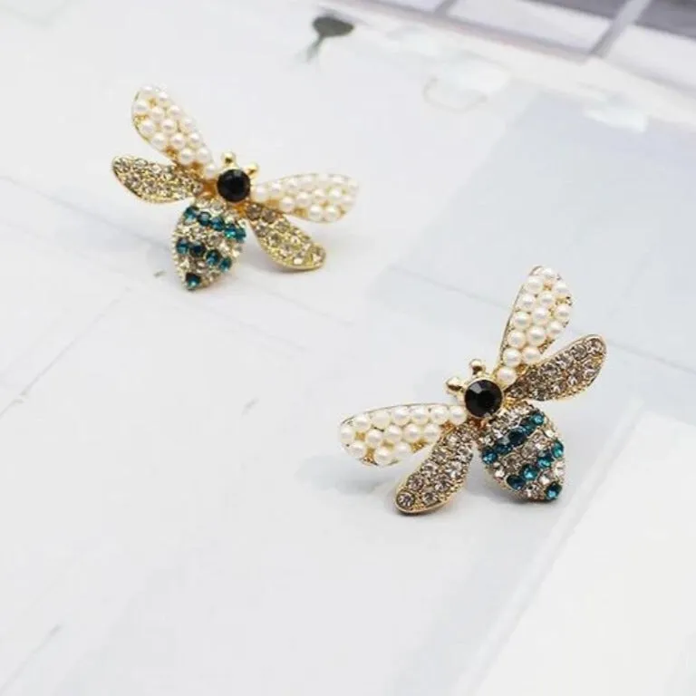 Gold and Pearl Bumble Bee Stud Earrings