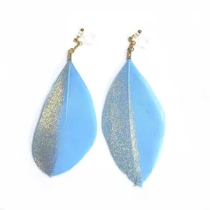 Gold painted blue feather invisible clip on earrings