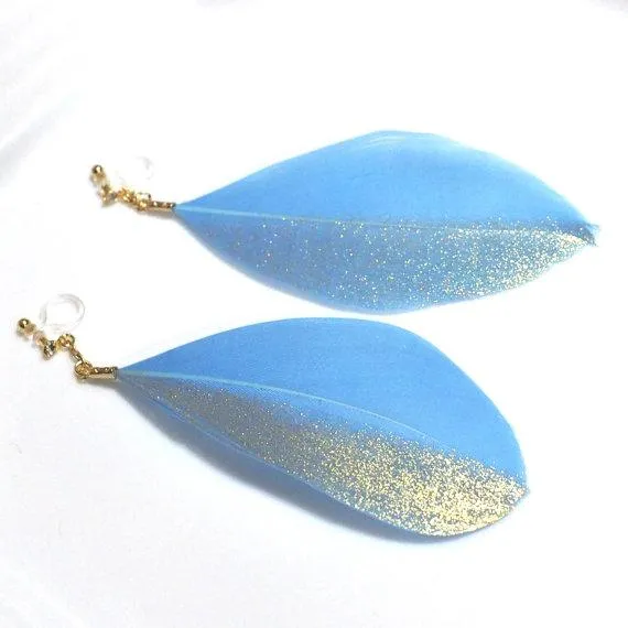 Gold painted blue feather invisible clip on earrings