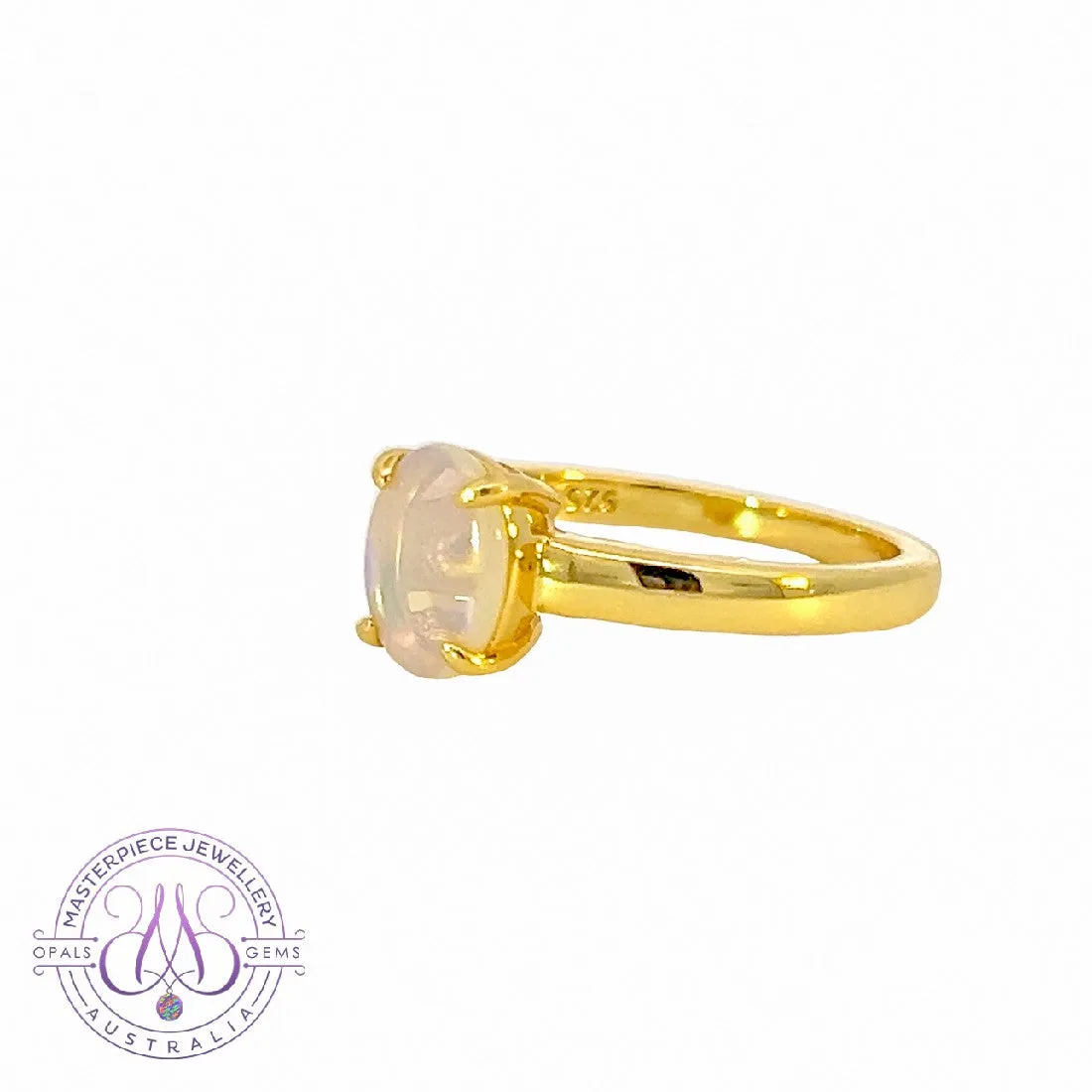 Gold plated silver White Opal 8x6mm solitaire ring