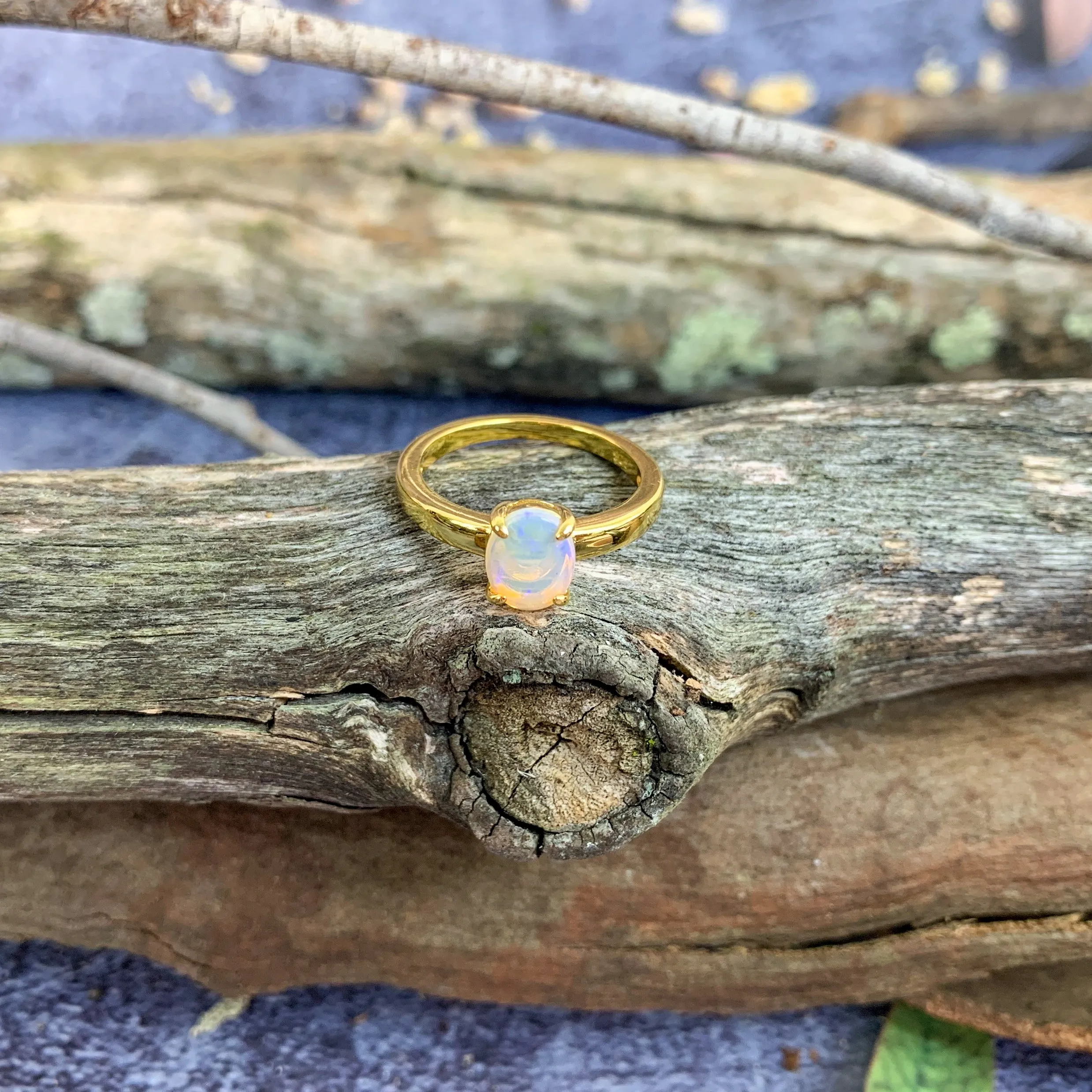 Gold plated silver White Opal 8x6mm solitaire ring