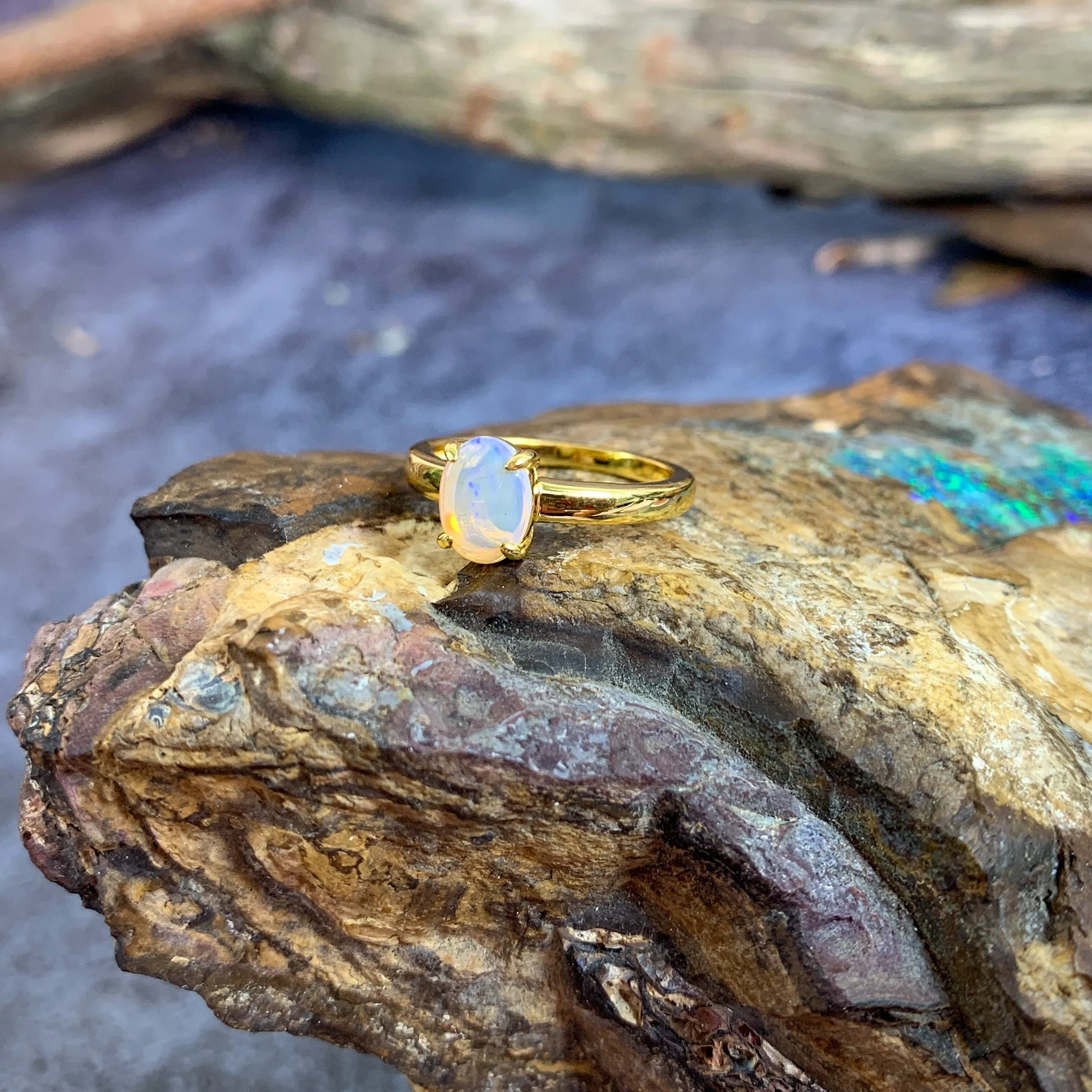 Gold plated silver White Opal 8x6mm solitaire ring