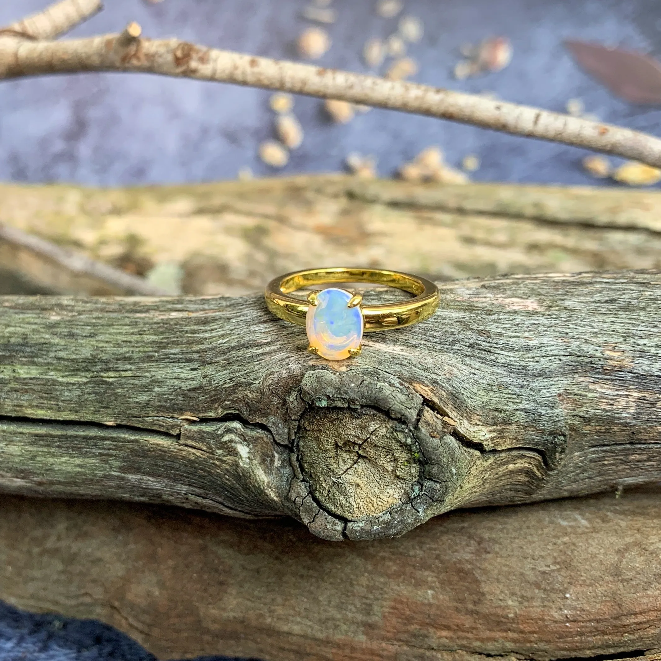 Gold plated silver White Opal 8x6mm solitaire ring