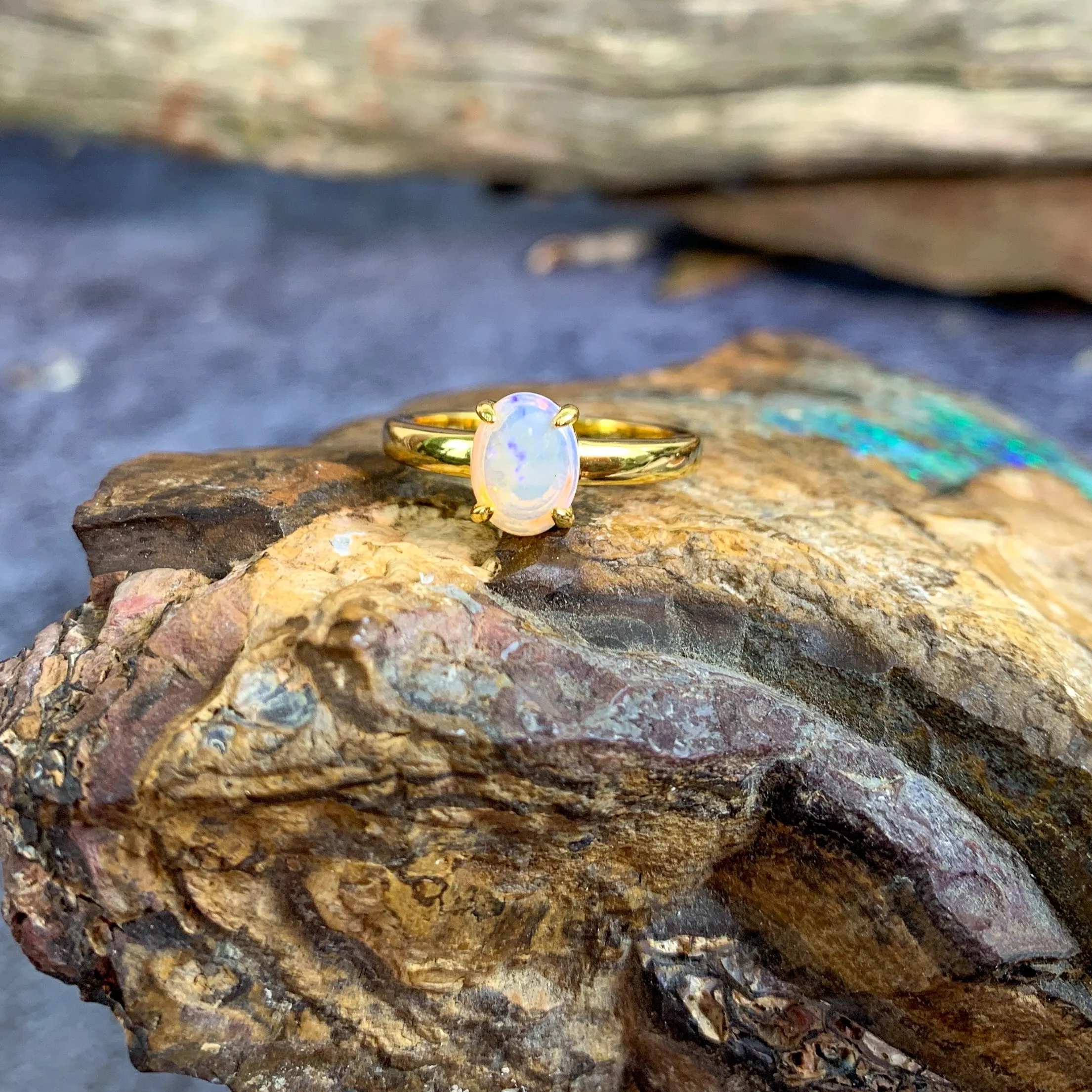 Gold plated silver White Opal 8x6mm solitaire ring