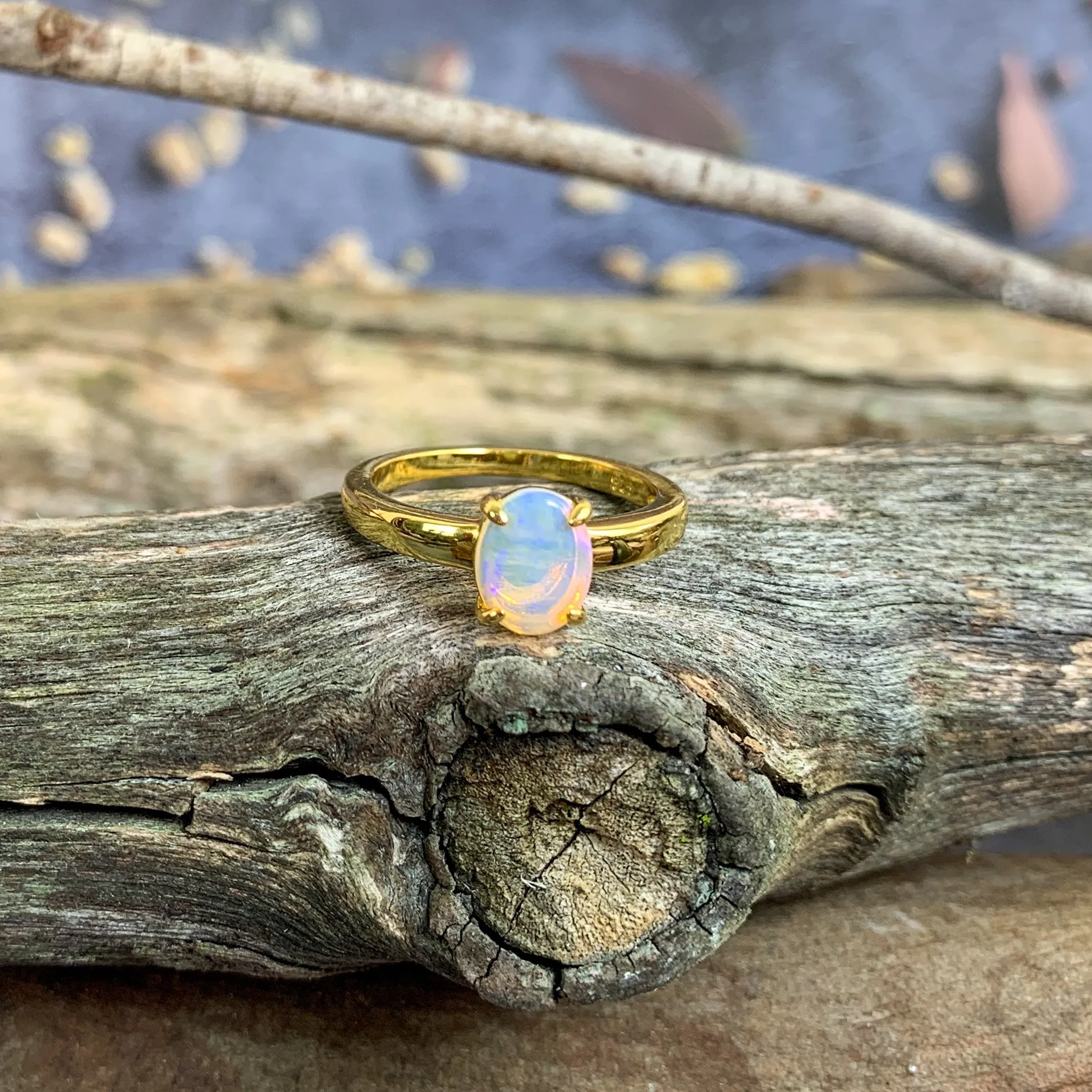 Gold plated silver White Opal 8x6mm solitaire ring