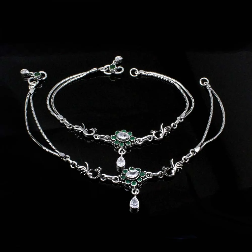 Indian Real Sterling Silver CZ Oxidized Anklets 10.5"