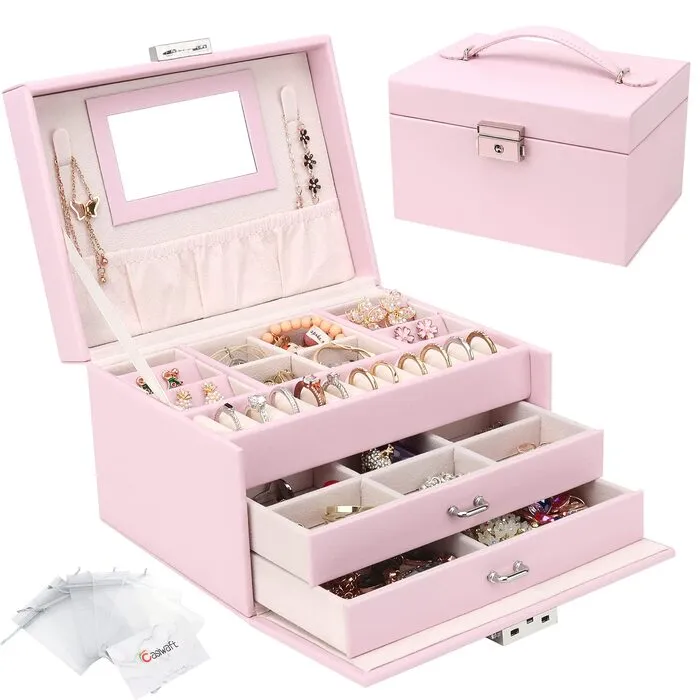 Jewelry Box, Jewellery Box with Drawers, PU Leather Jewellery Box Jewellery Box Large Jewellery Organizer for Rings Earrings Bracelets Necklaces