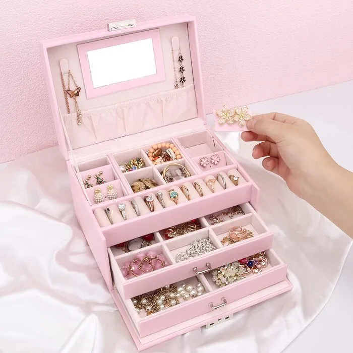Jewelry Box, Jewellery Box with Drawers, PU Leather Jewellery Box Jewellery Box Large Jewellery Organizer for Rings Earrings Bracelets Necklaces