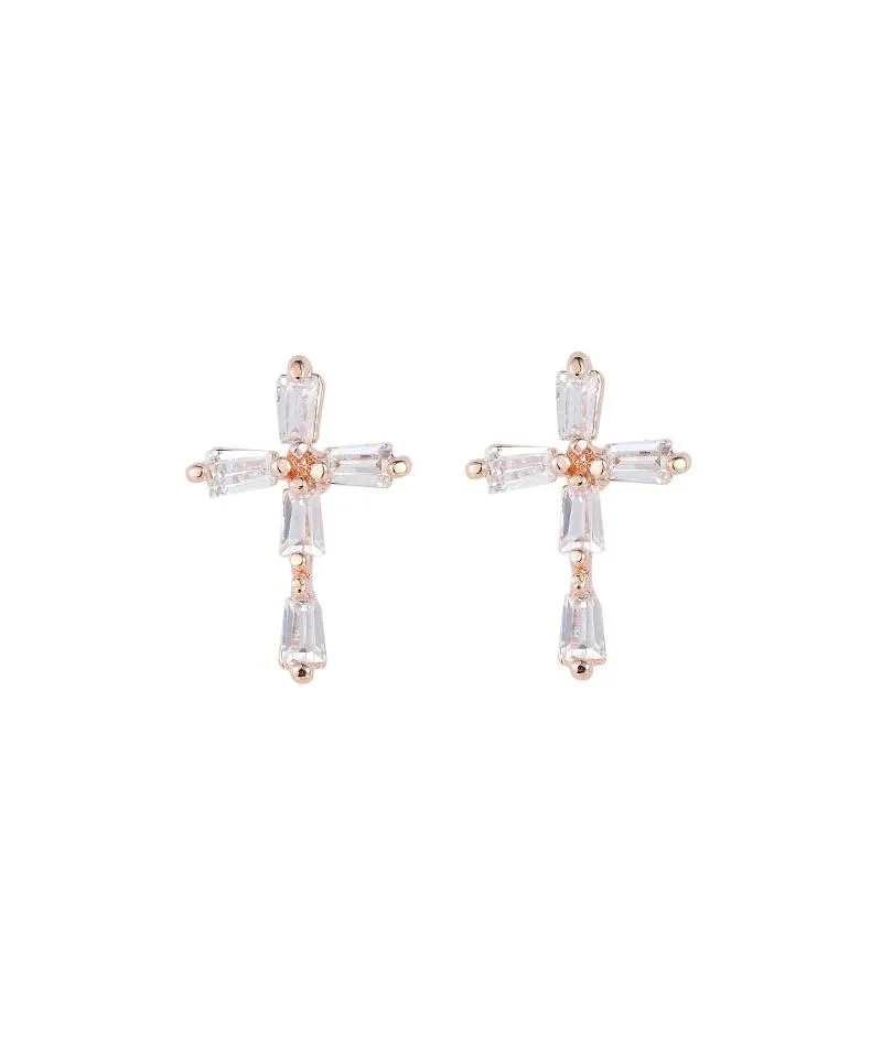 Karen Sampson Rose Gold Crystal Cross Stud Earrings