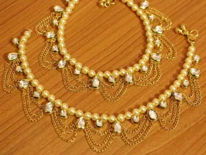 KUNDAN POLKI & PEARL SILVER ALLOY GOLD PLATED ANKLETS