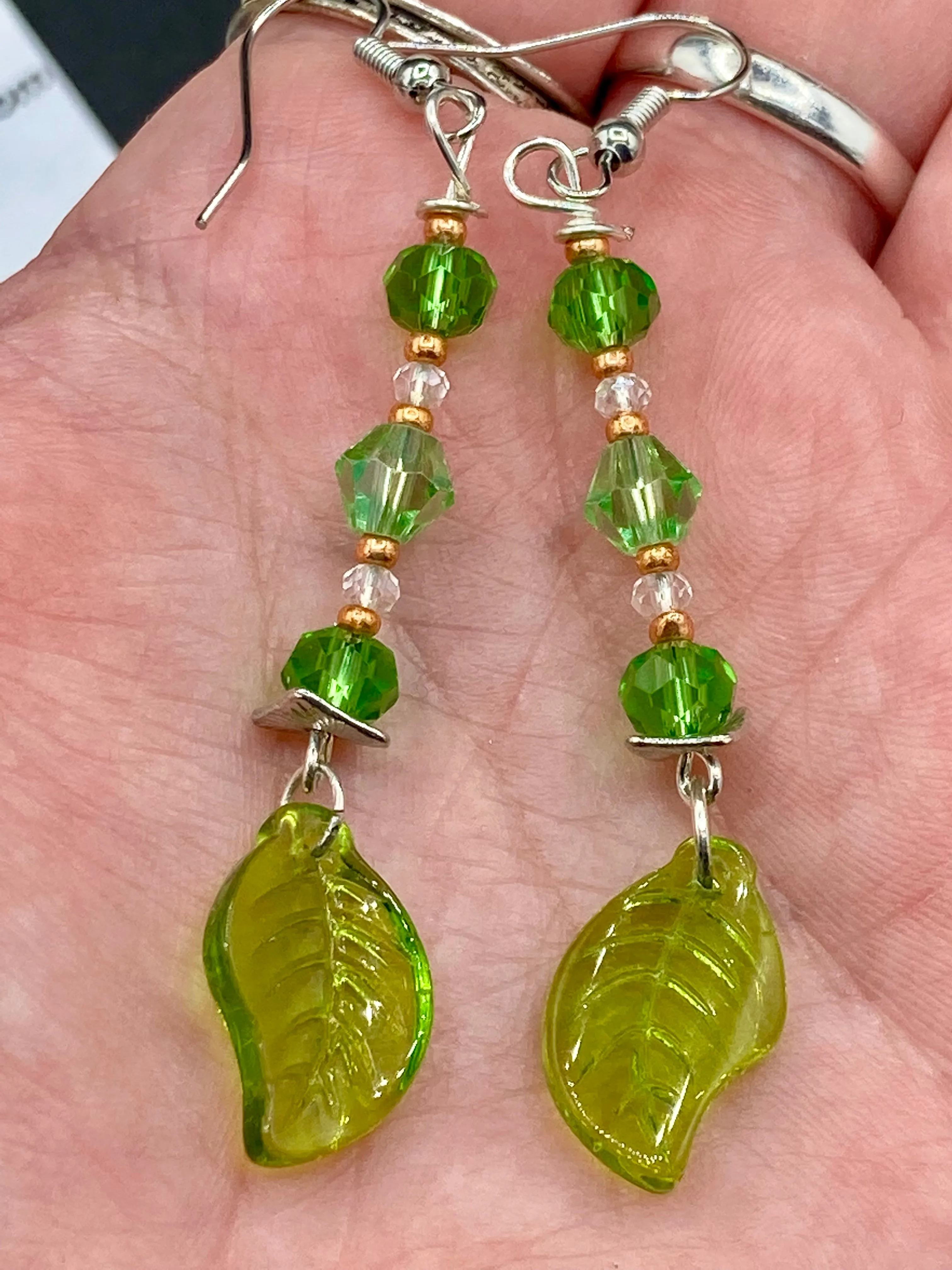 Light And Dark Green Glass Leaf Beaded Anklet And Earrings, Nature Inspired, Summer Jewelry