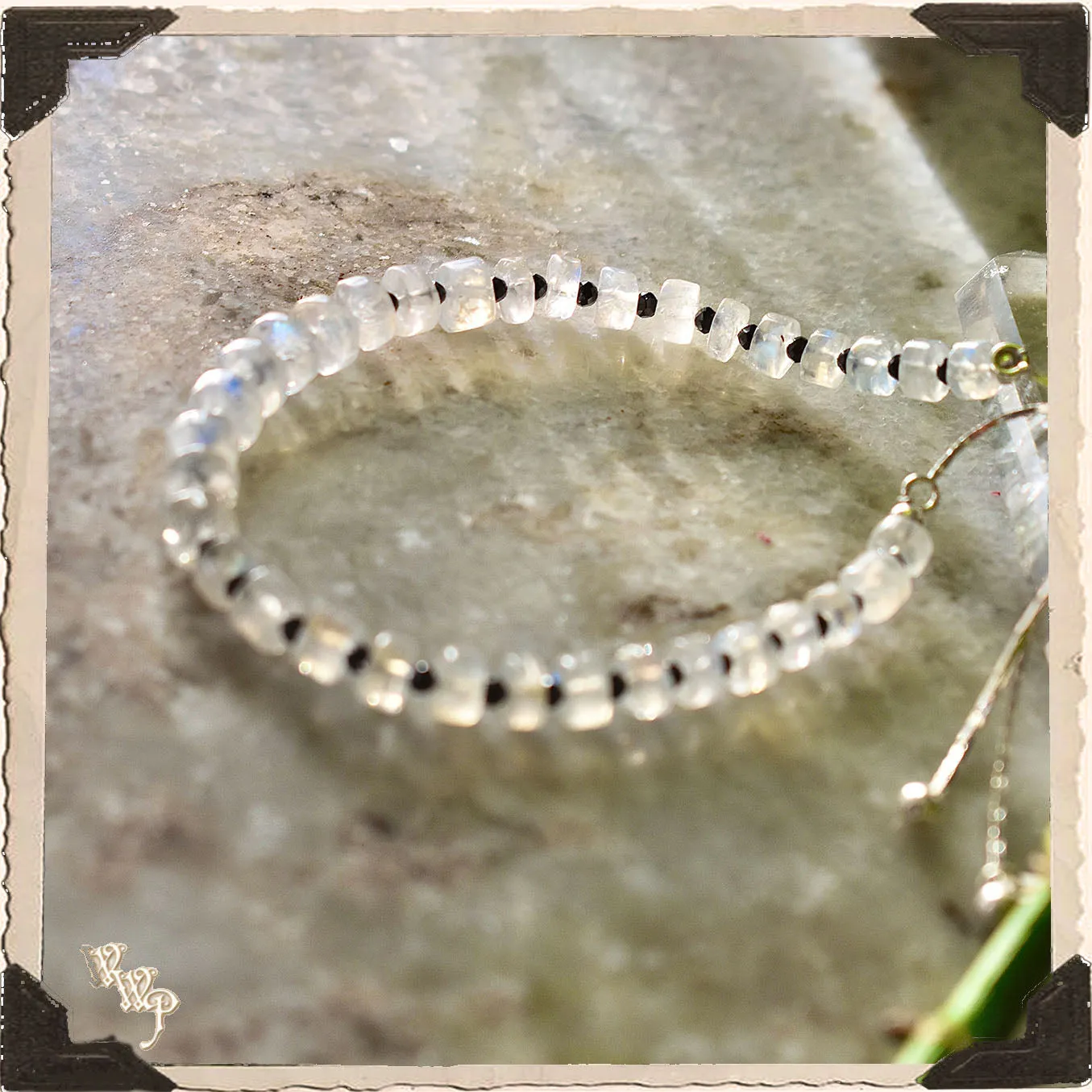 LIMITED EDITION : MOONSTONE & ONYX BRACELET . For Feminine, Lunar & Protection. Sterling Silver.