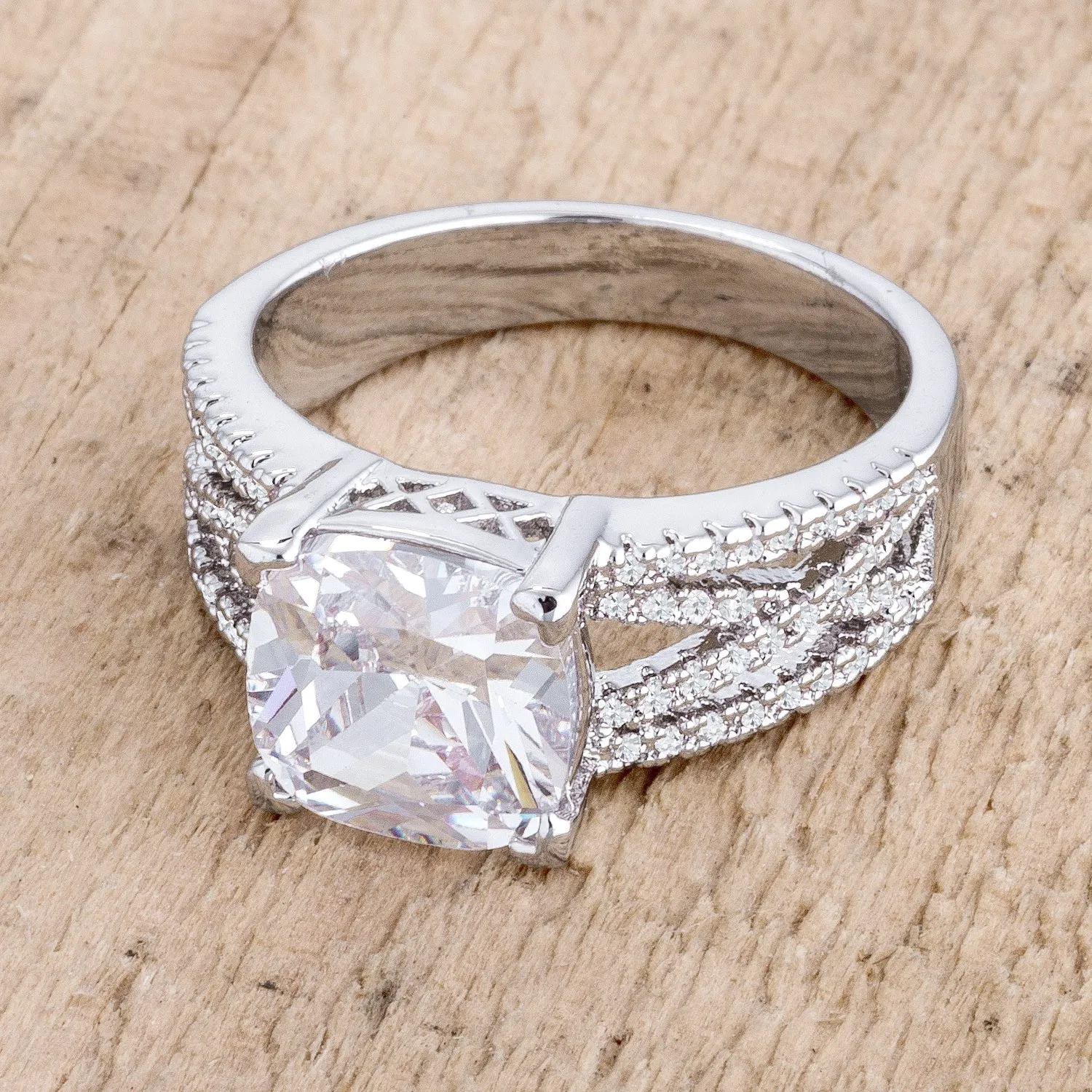 LOVCIA 3Ct Rhodium Plated Criss-Cross Band with Cushion Cut CZ Engagement Ring