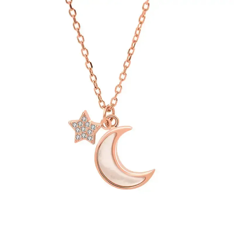 LOVCIA Girl Mother of Shell Crescent Moon CZ Stars 925 Sterling Silver Necklace