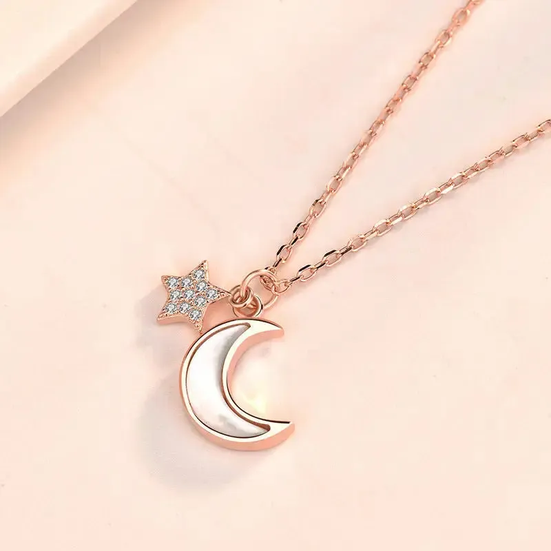 LOVCIA Girl Mother of Shell Crescent Moon CZ Stars 925 Sterling Silver Necklace
