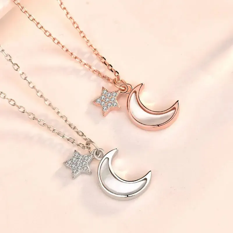 LOVCIA Girl Mother of Shell Crescent Moon CZ Stars 925 Sterling Silver Necklace