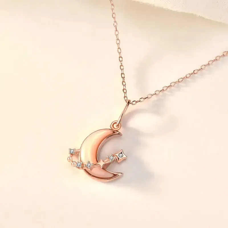 LOVCIA Women Shell Crescent Moon CZ 925 Sterling Silver Necklace