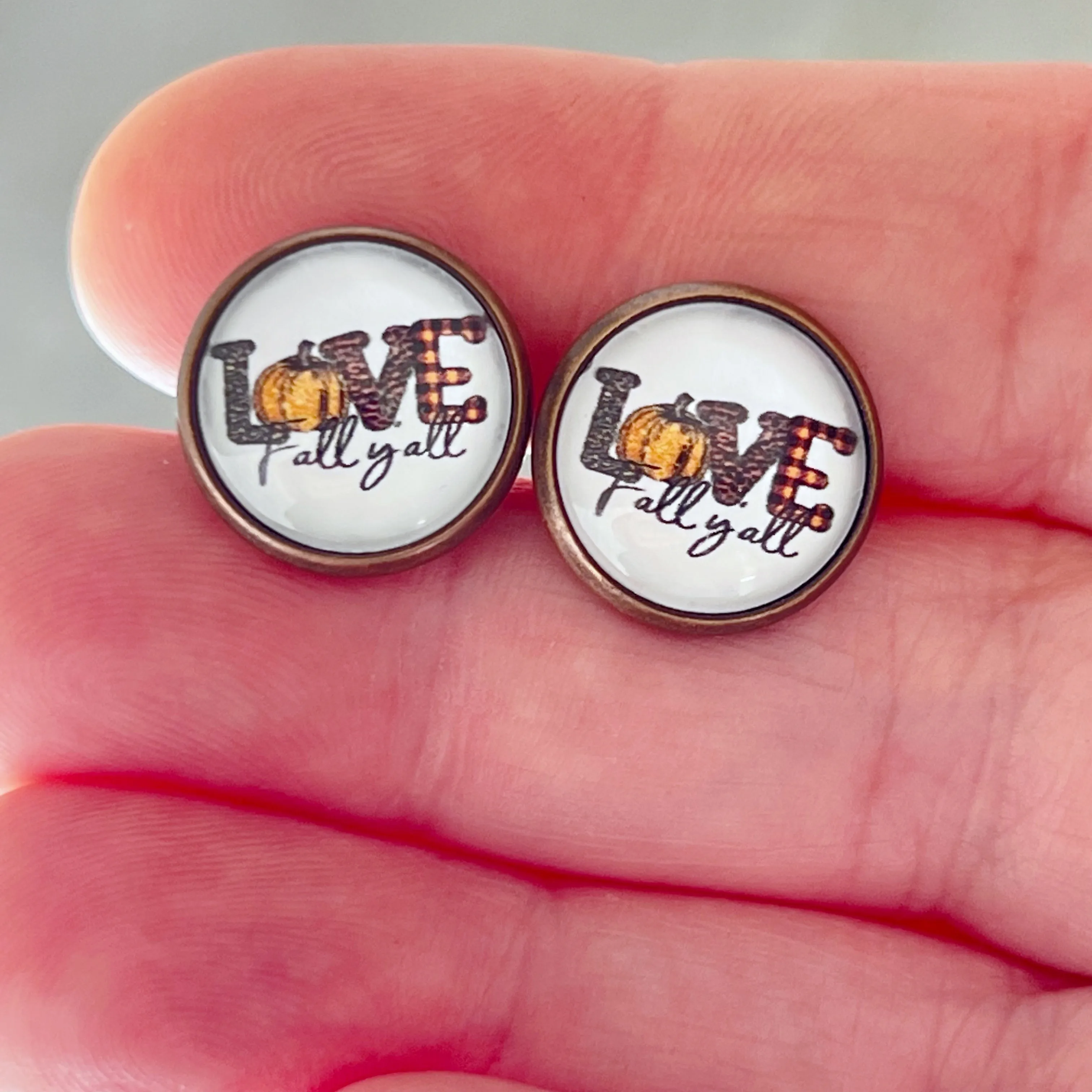 Love Fall Y’all Pumpkin Brass Stud Earrings - Festive & Stylish Accessories
