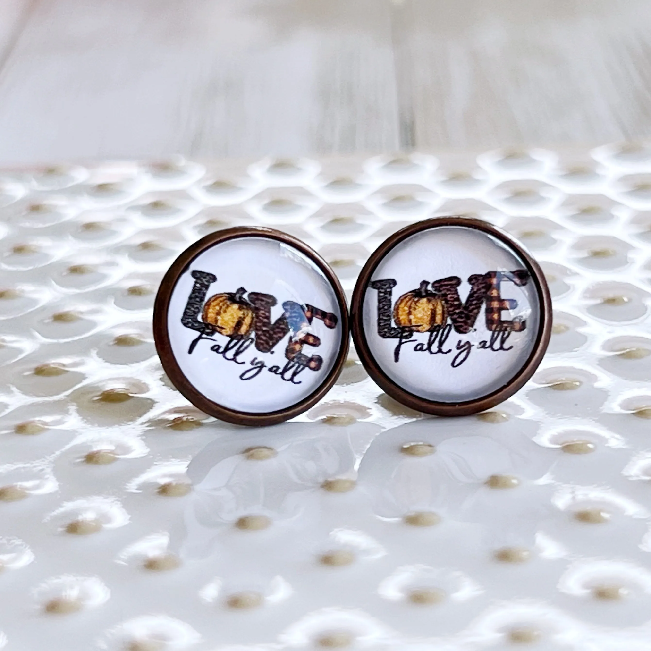 Love Fall Y’all Pumpkin Brass Stud Earrings - Festive & Stylish Accessories