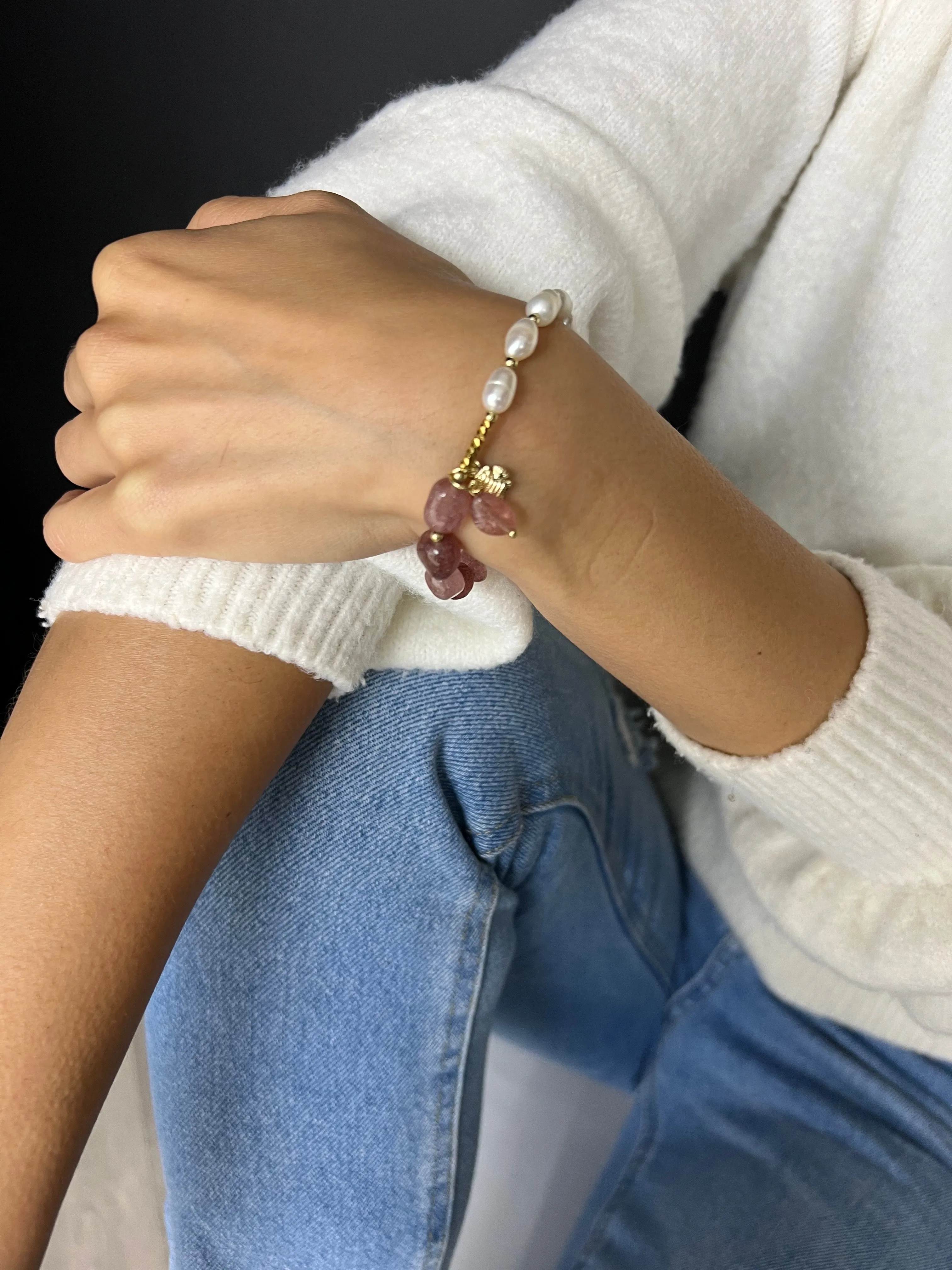 Lucky In Love Pink Quartz Pearl Bracelet