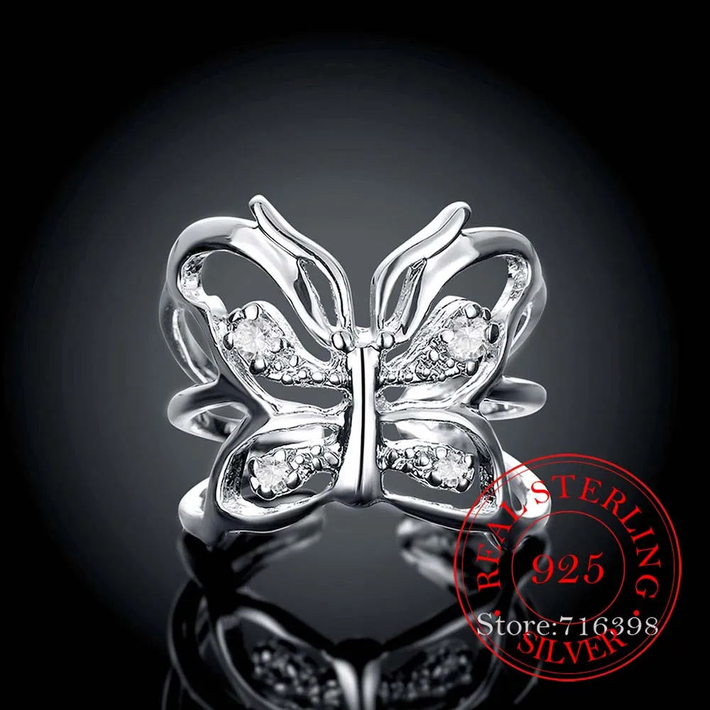 Luxurious Pure S925 Silver Crystal Butterfly Rings