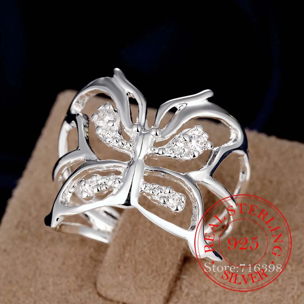 Luxurious Pure S925 Silver Crystal Butterfly Rings