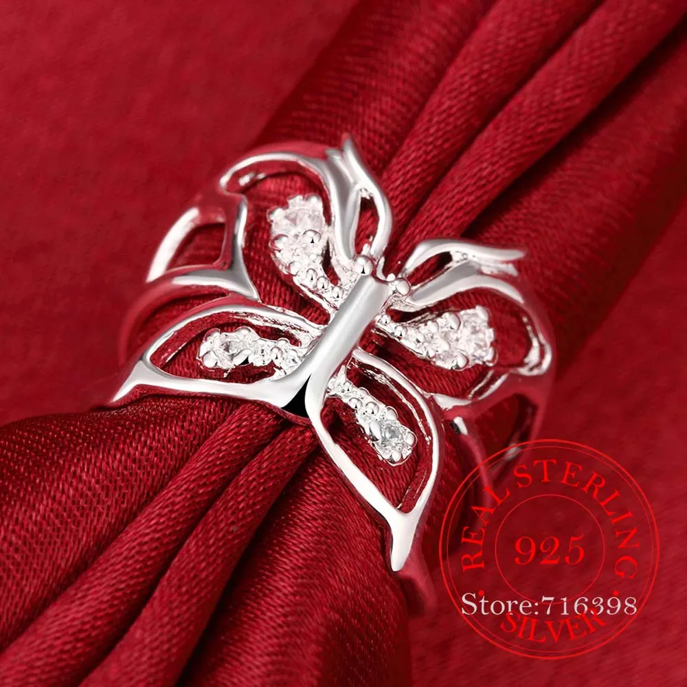 Luxurious Pure S925 Silver Crystal Butterfly Rings