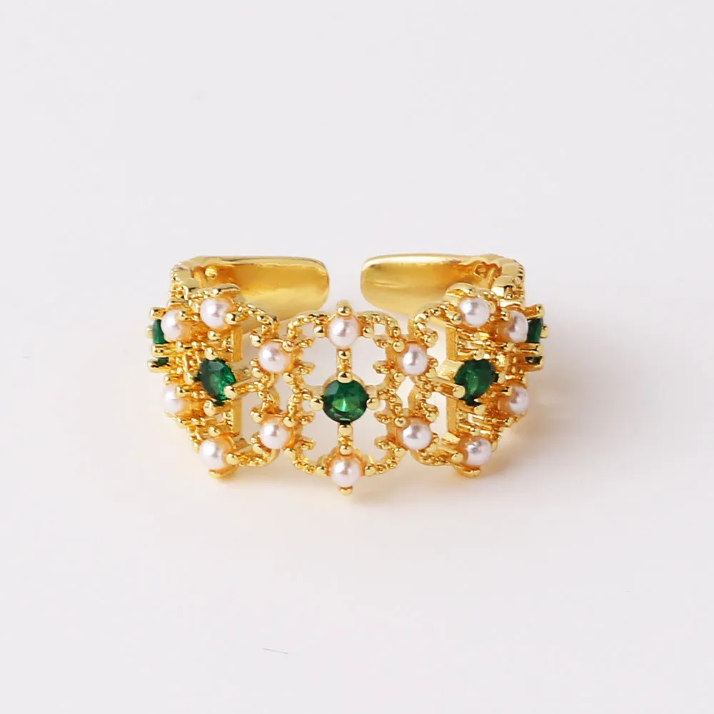 Luxurious Women Heart Paperclip Asymmetrical Double Circle Geometric Copper Diamond Inlay Rings
