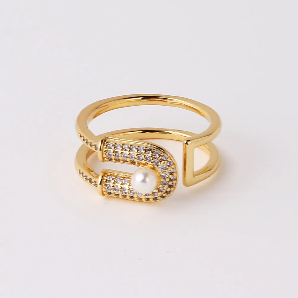 Luxurious Women Heart Paperclip Asymmetrical Double Circle Geometric Copper Diamond Inlay Rings