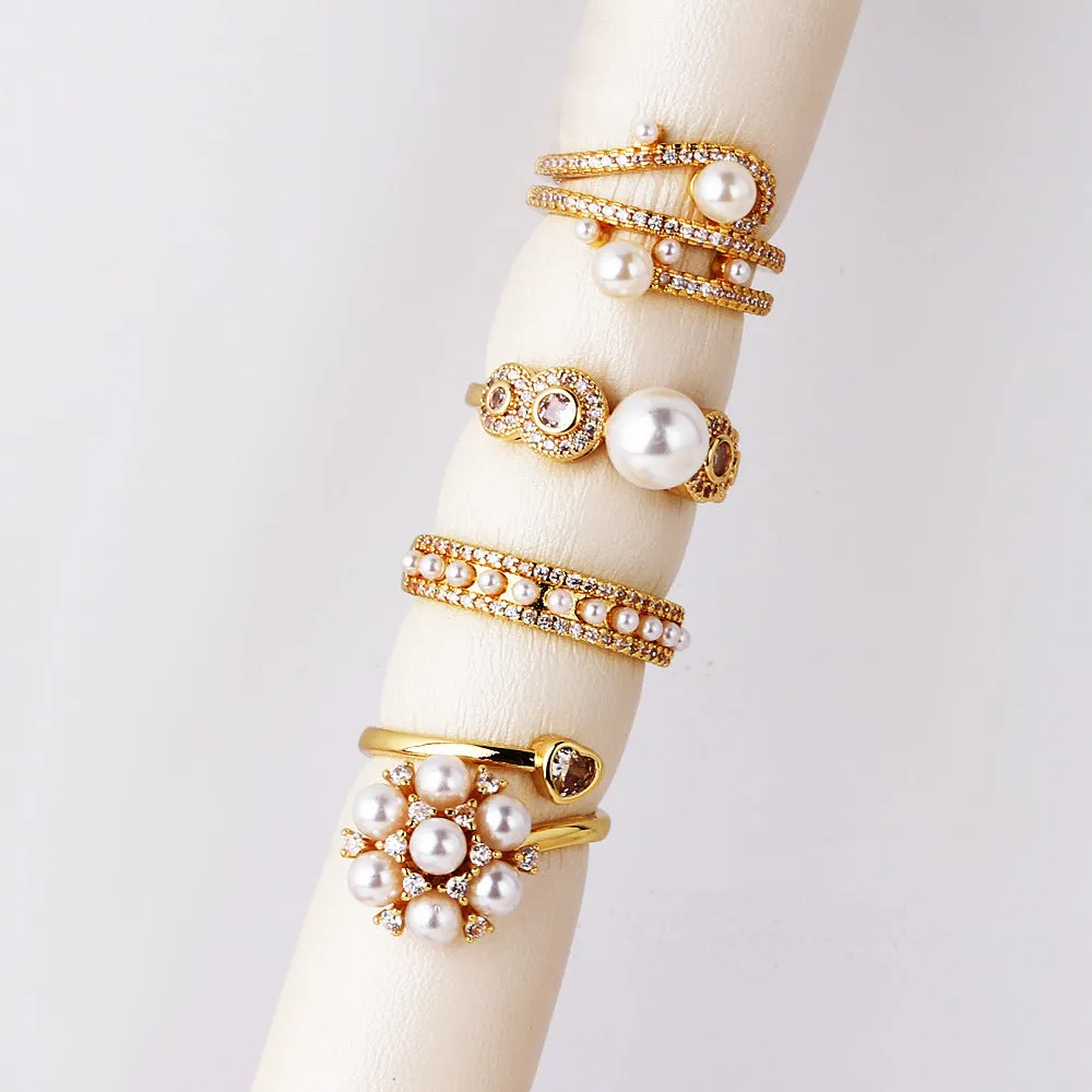 Luxurious Women Heart Paperclip Asymmetrical Double Circle Geometric Copper Diamond Inlay Rings