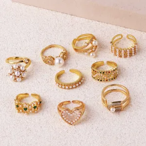 Luxurious Women Heart Paperclip Asymmetrical Double Circle Geometric Copper Diamond Inlay Rings