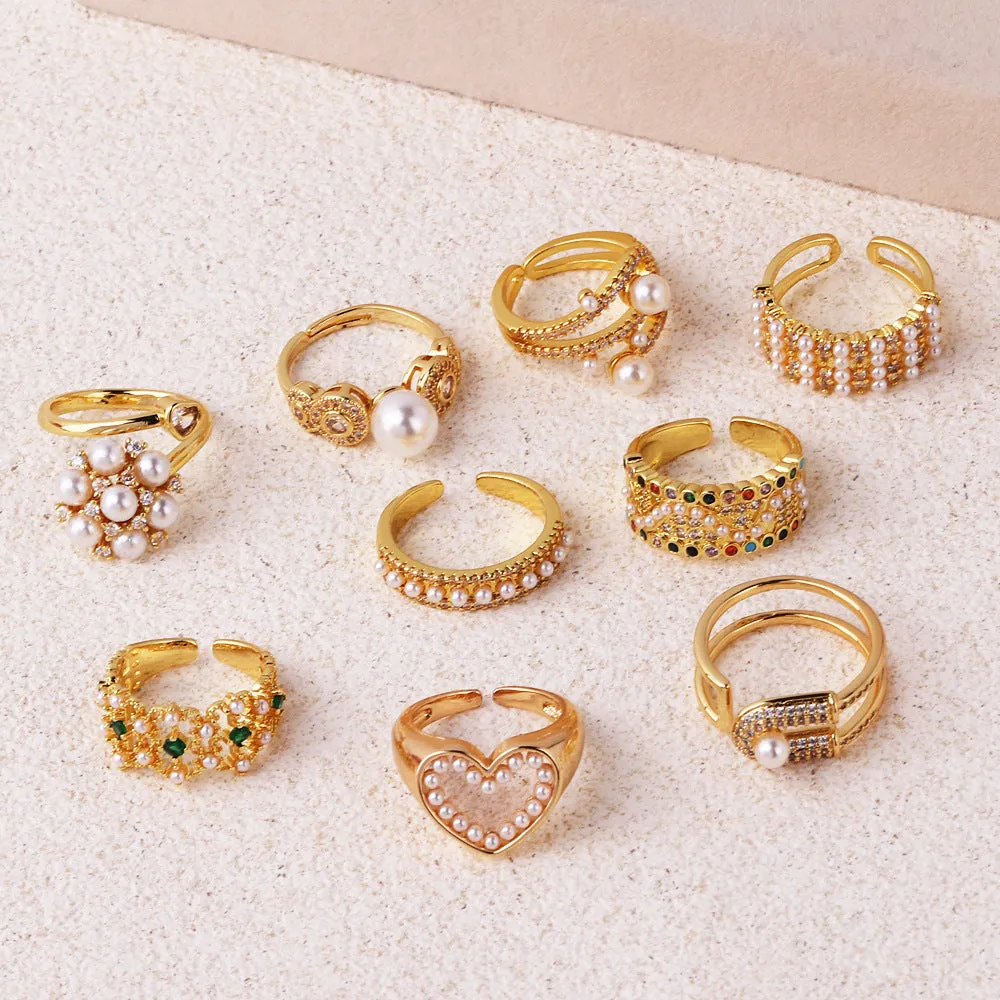 Luxurious Women Heart Paperclip Asymmetrical Double Circle Geometric Copper Diamond Inlay Rings