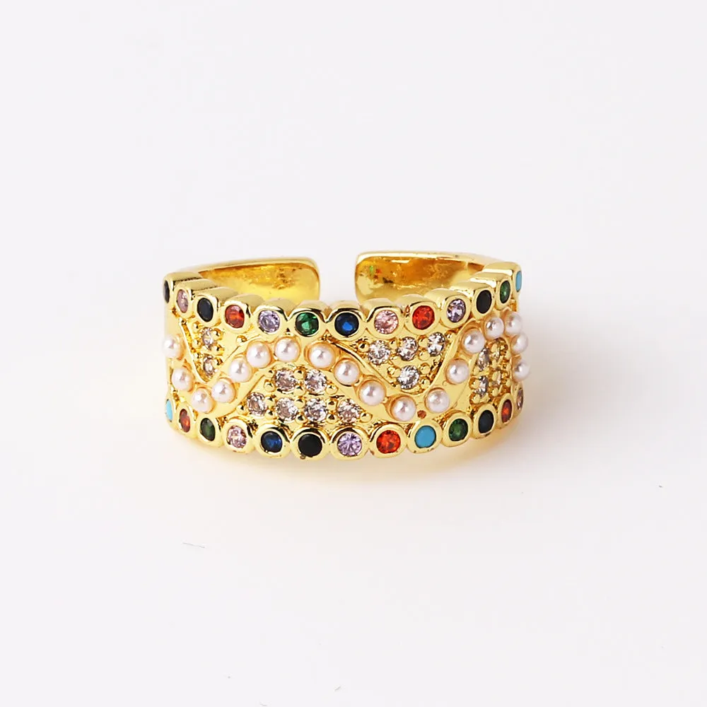 Luxurious Women Heart Paperclip Asymmetrical Double Circle Geometric Copper Diamond Inlay Rings