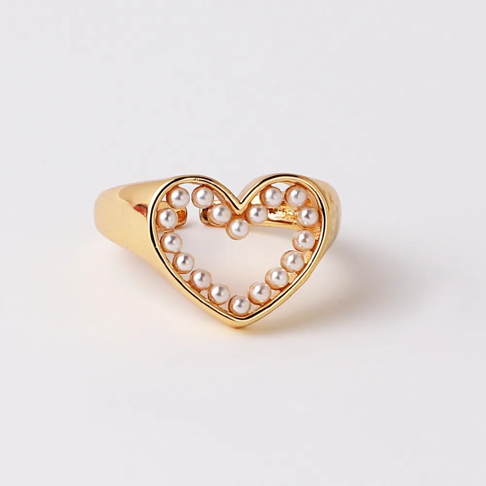 Luxurious Women Heart Paperclip Asymmetrical Double Circle Geometric Copper Diamond Inlay Rings