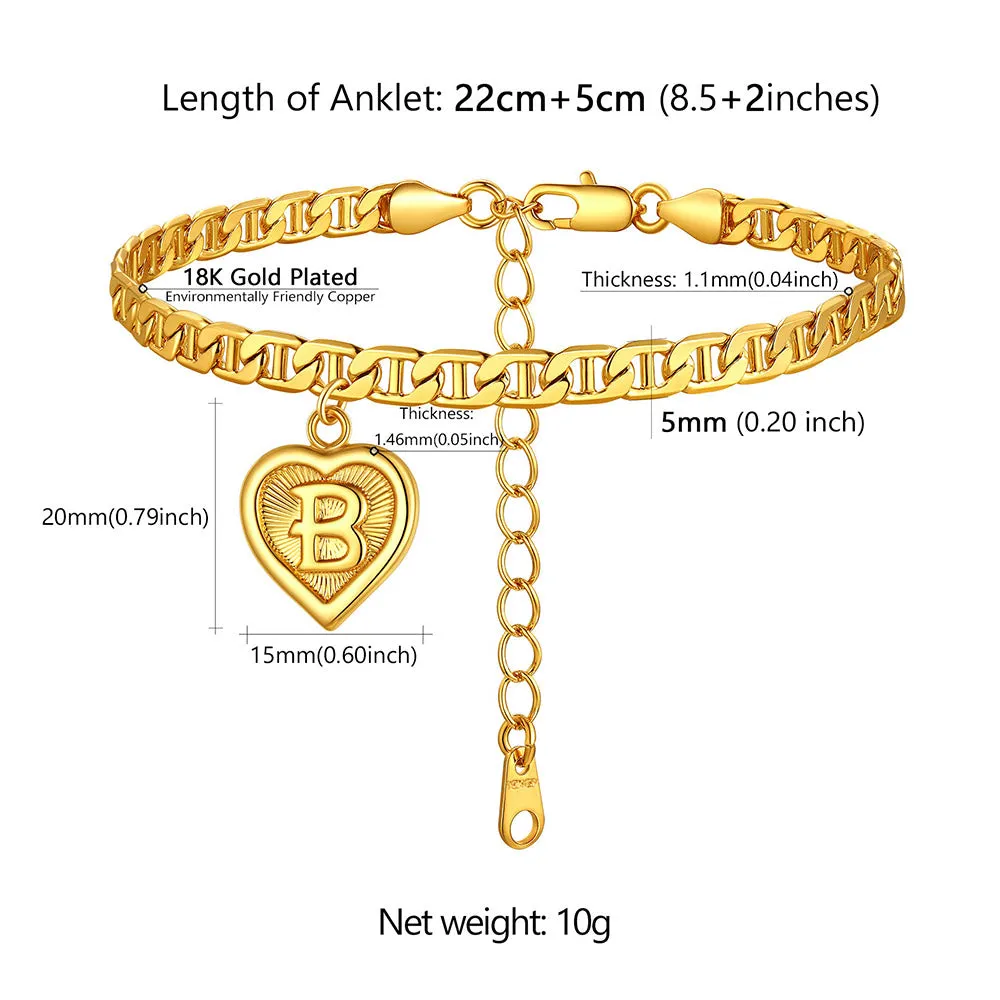 Mariner Chain Initial Heart Charm Anklet for Women