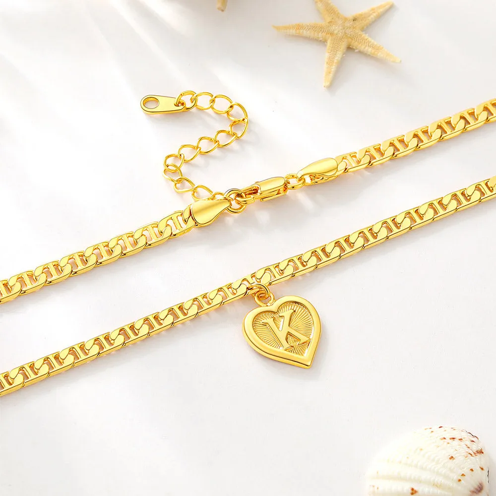 Mariner Chain Initial Heart Charm Anklet for Women