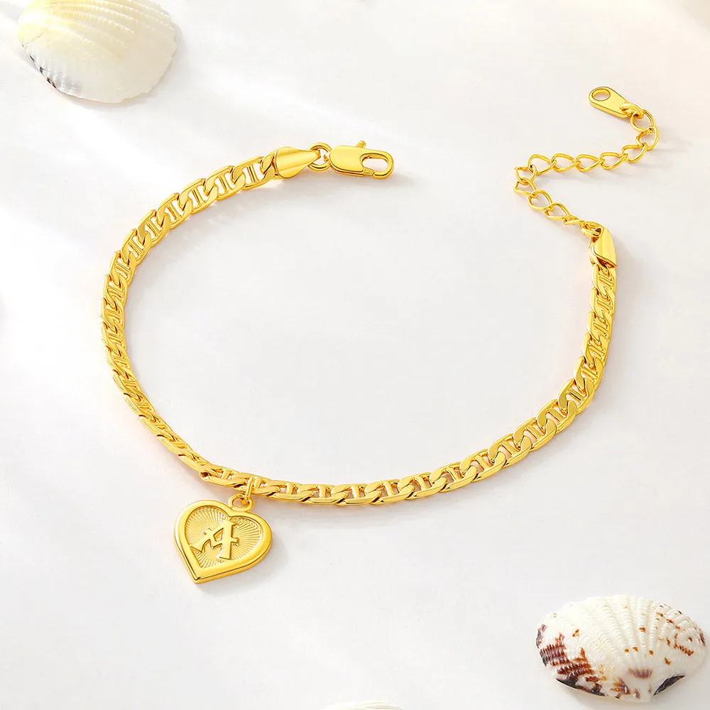 Mariner Chain Initial Heart Charm Anklet for Women