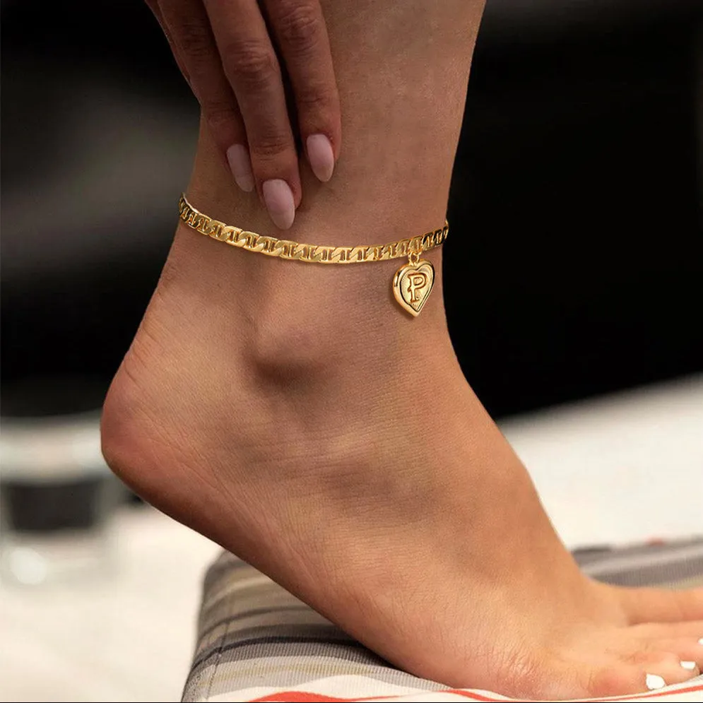Mariner Chain Initial Heart Charm Anklet for Women
