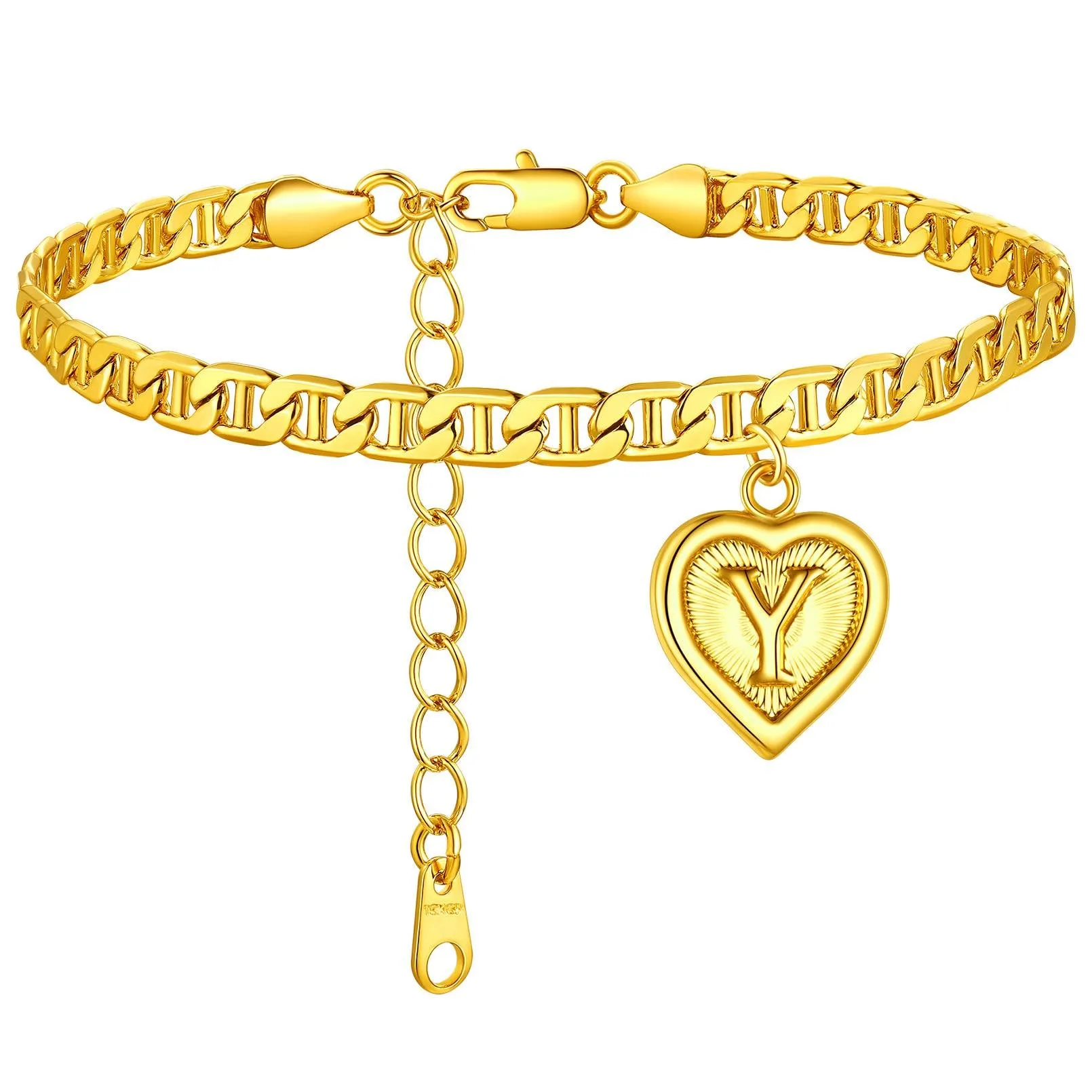 Mariner Chain Initial Heart Charm Anklet for Women