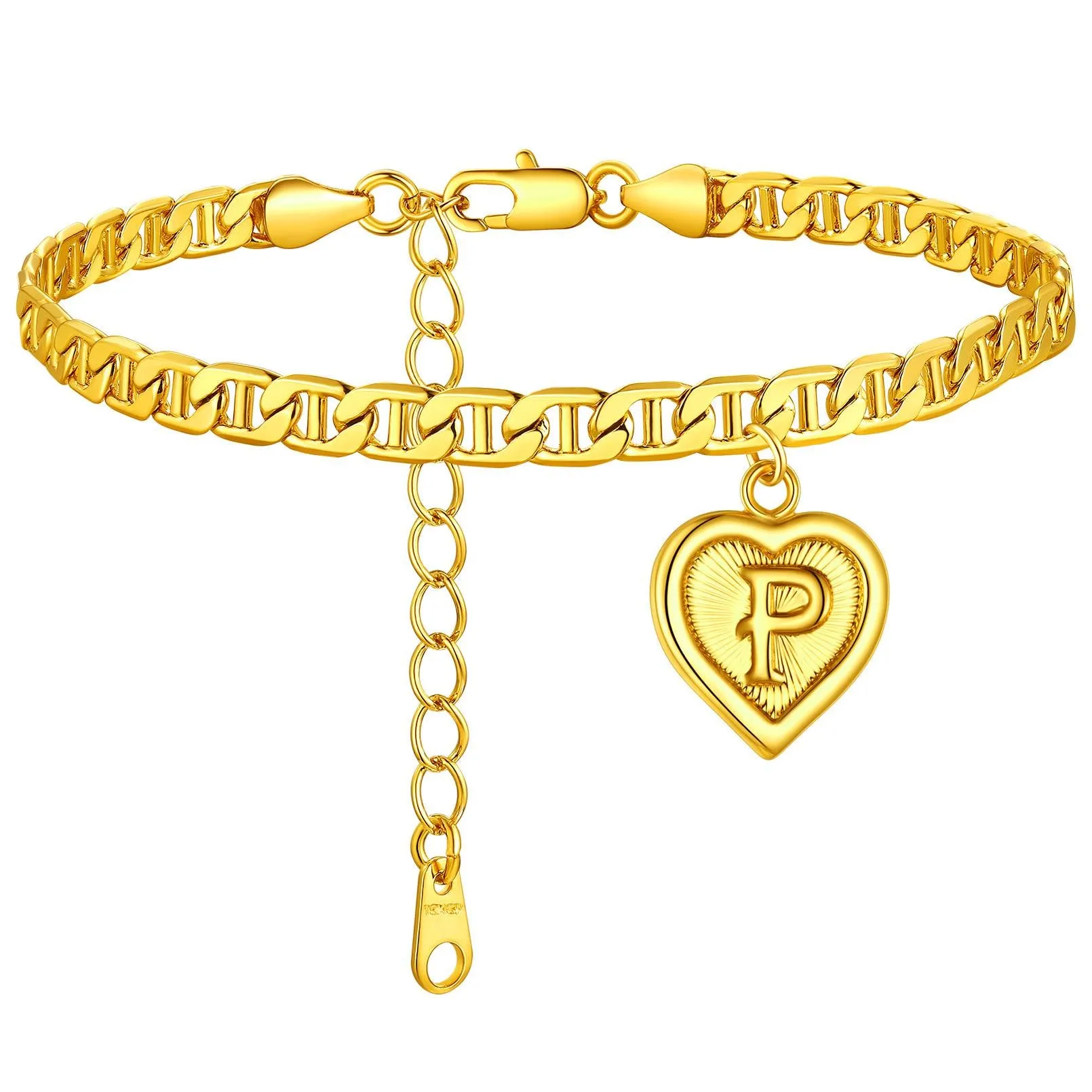 Mariner Chain Initial Heart Charm Anklet for Women
