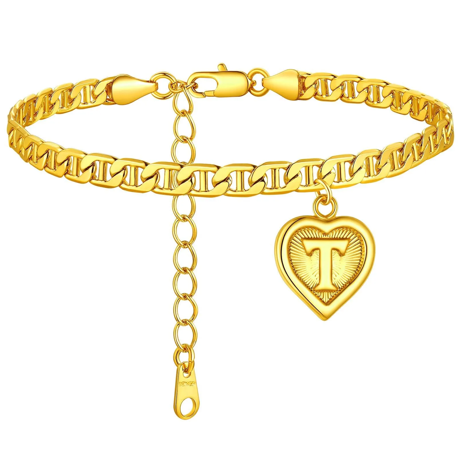 Mariner Chain Initial Heart Charm Anklet for Women