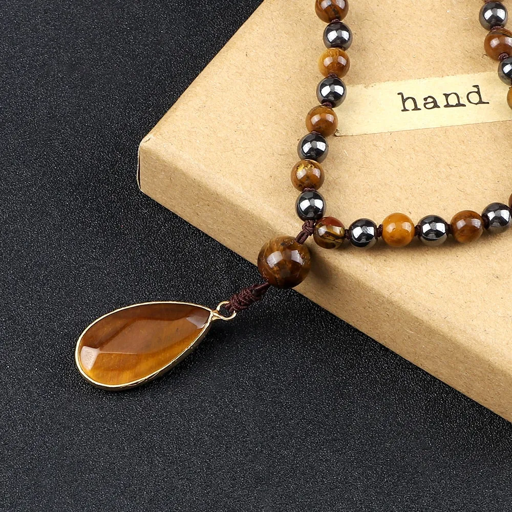 Men Hematite Tiger Eye Beaded Necklaces Classic Natural Stone Beads Pendant Necklaces Women
