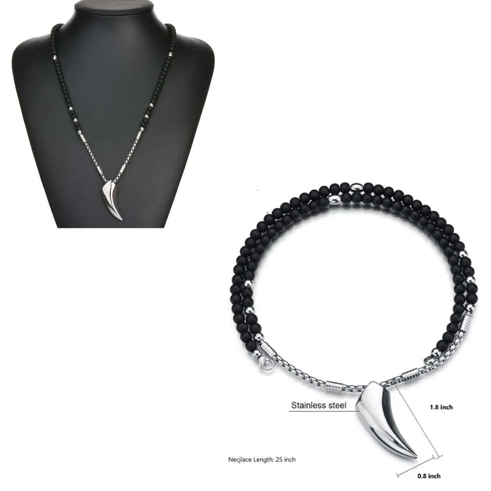 Men's Beaded Necklace- Black Stone and Stainless Steel