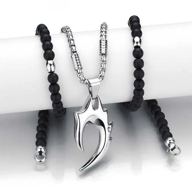 Men's Beaded Necklace- Black Stone and Stainless Steel