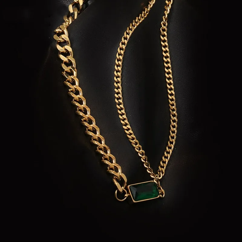 Minimalism Green Zircon Charms Thick Neck Chain Choker Necklaces Pendants For Women