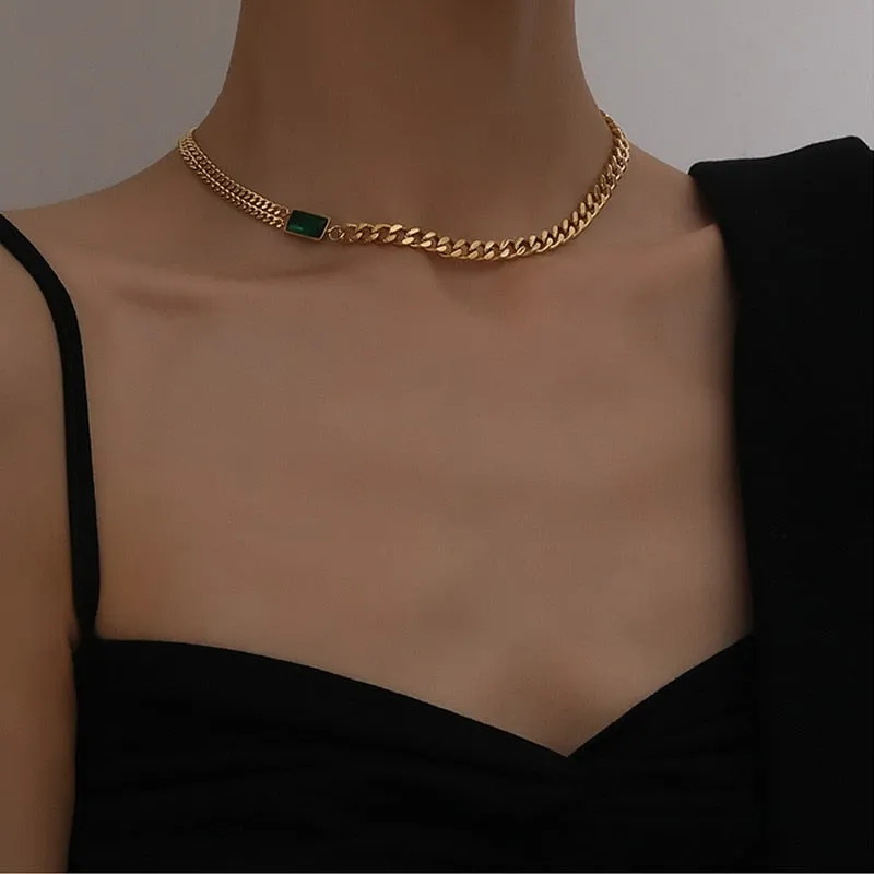 Minimalism Green Zircon Charms Thick Neck Chain Choker Necklaces Pendants For Women