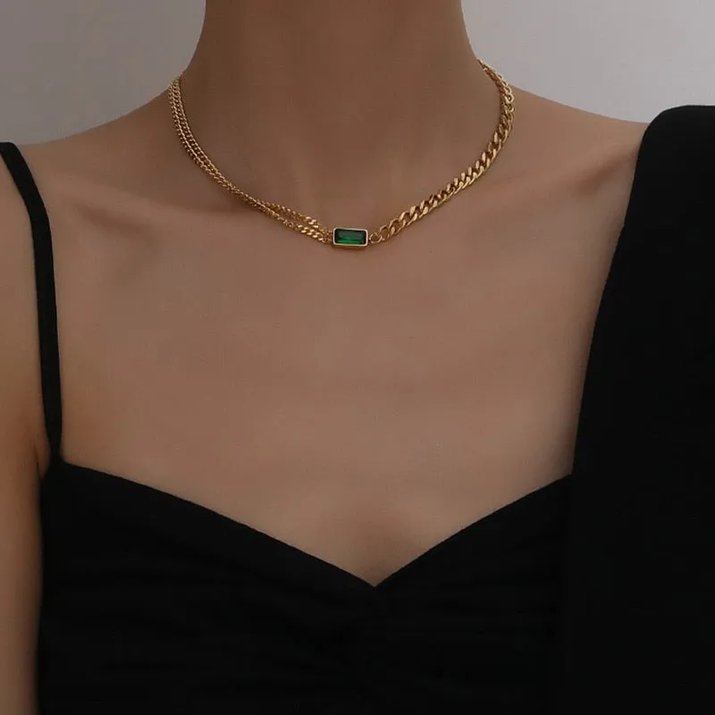 Minimalism Green Zircon Charms Thick Neck Chain Choker Necklaces Pendants For Women