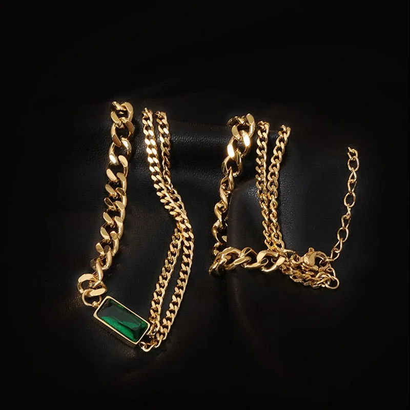 Minimalism Green Zircon Charms Thick Neck Chain Choker Necklaces Pendants For Women
