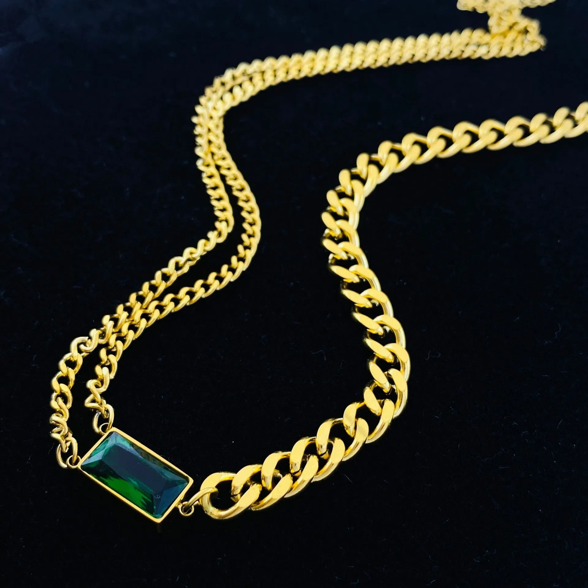 Minimalism Green Zircon Charms Thick Neck Chain Choker Necklaces Pendants For Women