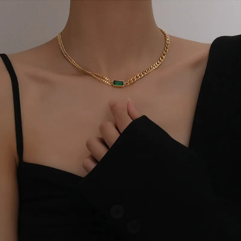 Minimalism Green Zircon Charms Thick Neck Chain Choker Necklaces Pendants For Women